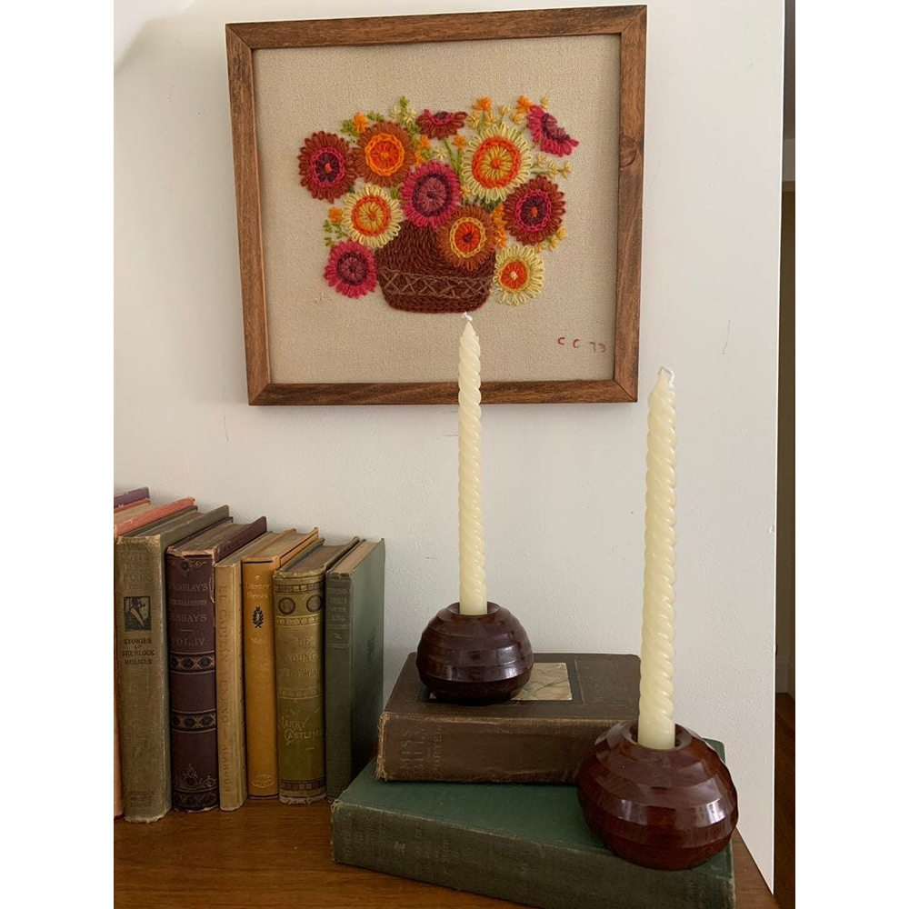Vintage Pair of Round Beveled Olive Wood African Candleholders